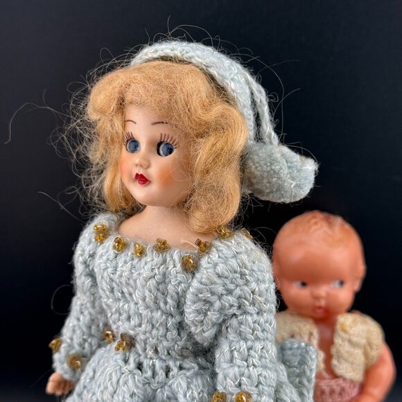 Two (2) Vintage Dolls 7" Girl and 5" Baby Hand Crocheted Dress Clothes AS IS - Picture 3 of 8